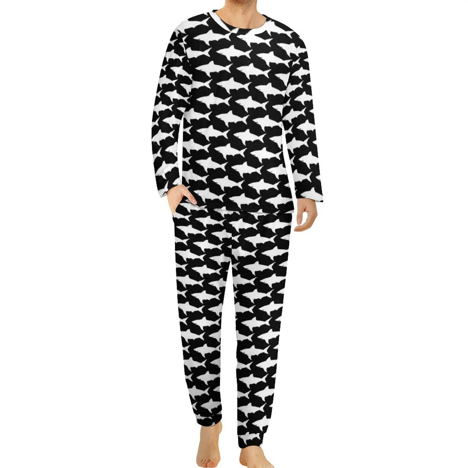 thumbnail image 1 of Pijama de tiburón divertido, conjunto de pijama de 2 piezas con estampado de vida marina de manga larga para hombre, ropa de dormir romántica de gran tamaño con gráficos de otoño, 1 of 5
