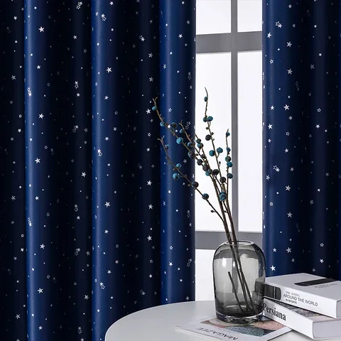 

Blackout Curtains for Living Room Bedroom Modern Printed Star Window Curtains for Children Treatment Drapes Finished Blue Cloth