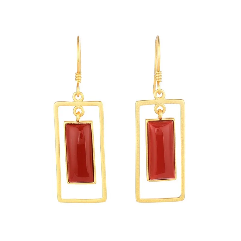 

ES342 ZFSILVER S925 Silver Korean Fashion Luxury Trendy South Red Agate Dangle Rectangle Earrings Jewelry Women Match-all Girls