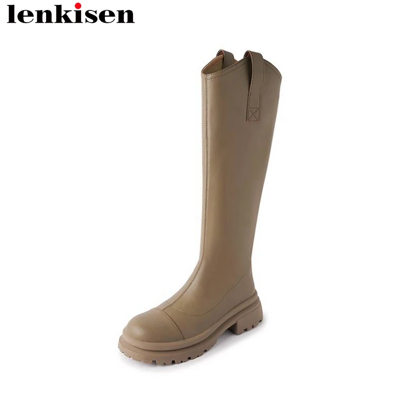 

Lenkisen 2024 Cow Leather Round Toe Winter Keep Warm Riding Boots High Heels Platform Retro Vacation Women Ins Thigh High Boots