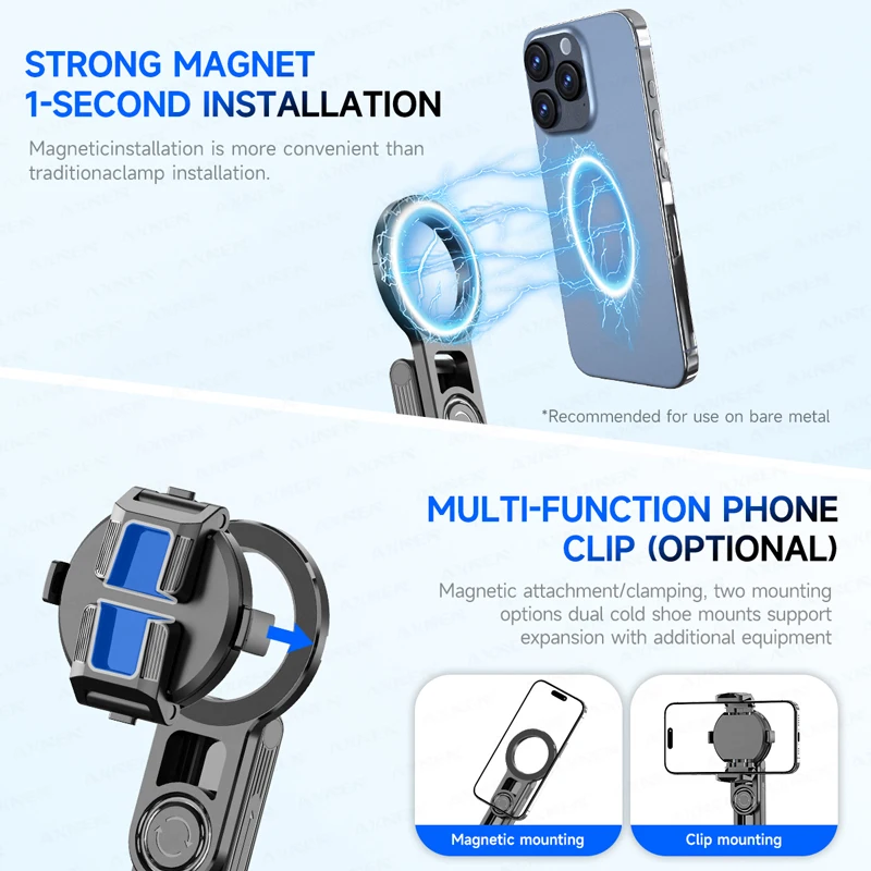 Compact Magnetic Selfie Stick Tripod with Wireless Remote & Fill Light