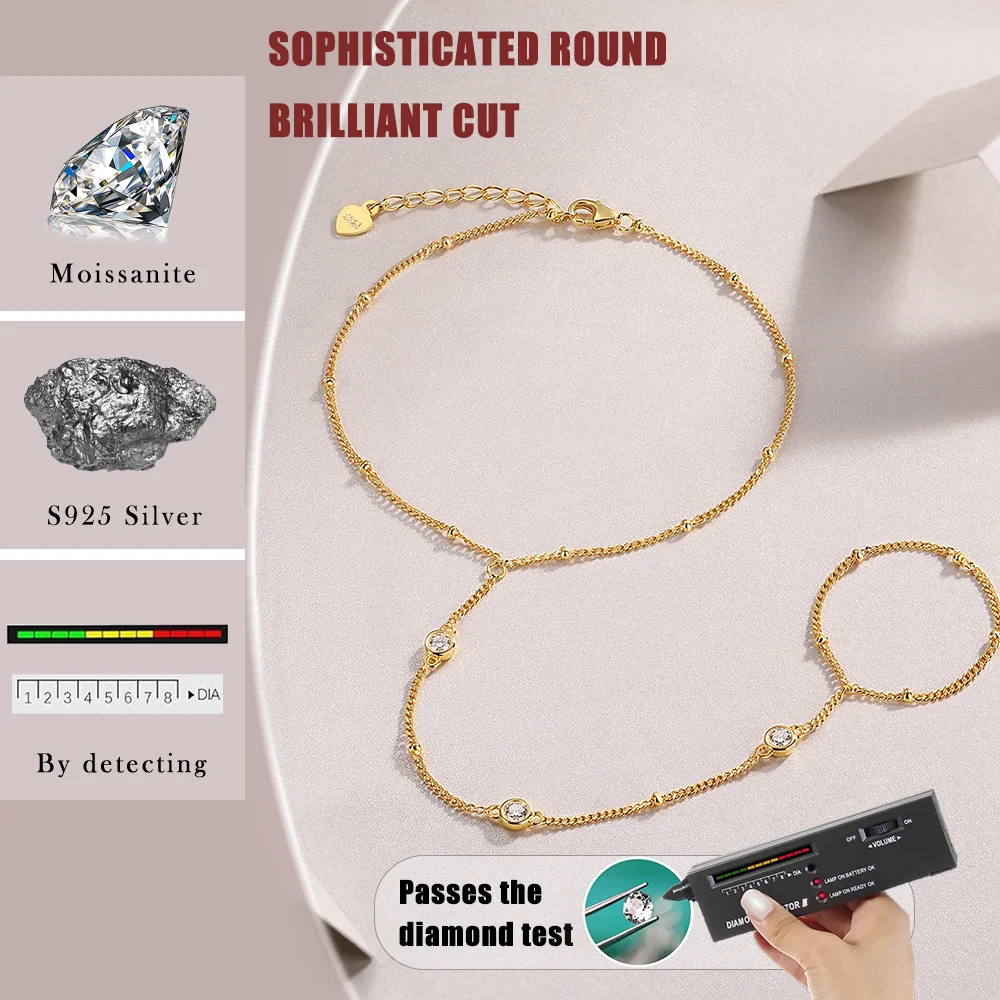 0.3 CTW Elegant Gold Moissanite Hand Chain 18K Gold Plated S925 Sterling Silver with Dazzling Stones Unique Hand Jewelry 2
