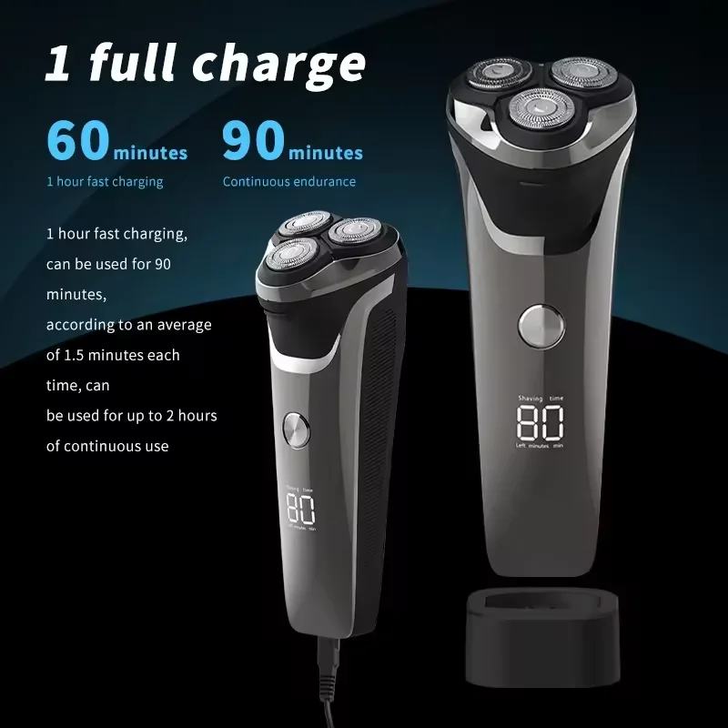 WAIKIL Men's New Razor Home Waterproof Water Wash Electric Razor USB Charging Digital Display Trimmer Three Blade Beard Trimmer 4
