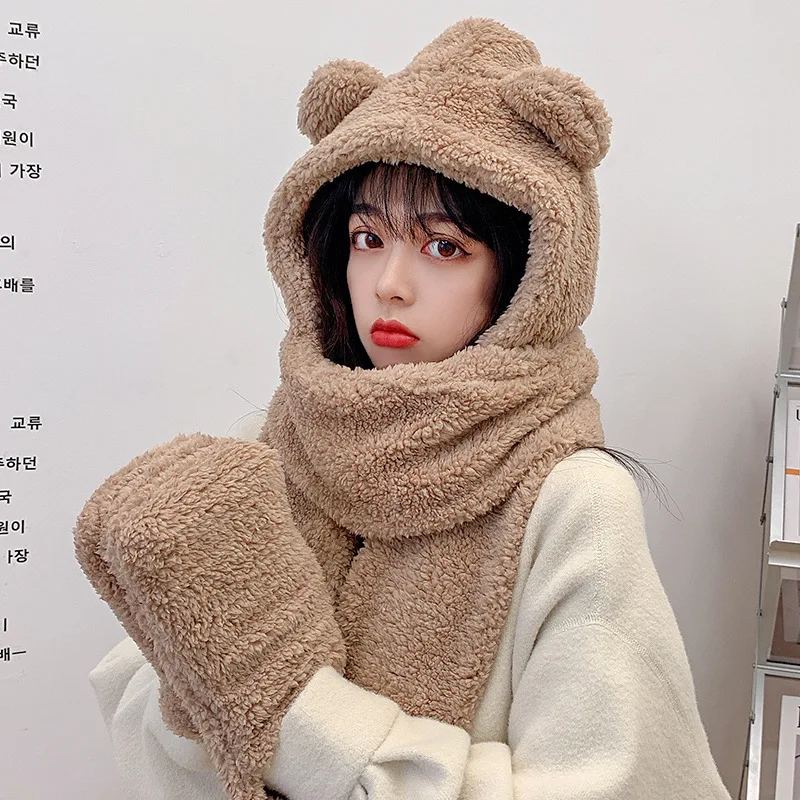 New Teddy Bear Hat Women’s Autumn and Winter Plush Scarf One-Piece - Image 2
