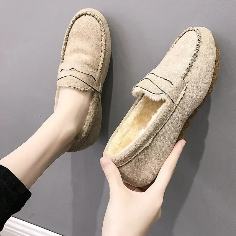 Winter Women Shoes Short Plush Outdoor Sewing Slip-On Casual Ladies Non-Slip Bottom Moccasins Female Comfortable Flats Loafers