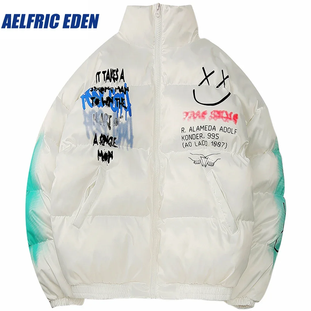 Aelfric Eden Happy Graffiti Print Jacket Parka 2023 Hip Hop Men Windbreaker Streetwear Harajuku Winter Jacket Coat Warm Outwear