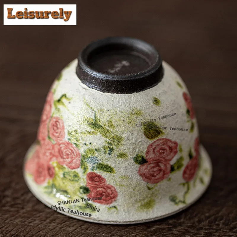50ML Oil Painting Rose Flower Language Teacup Aesthetic Tea Bowl Set of Cups Tea-tasting Smelling Cup Chazhan Master Cups Cha