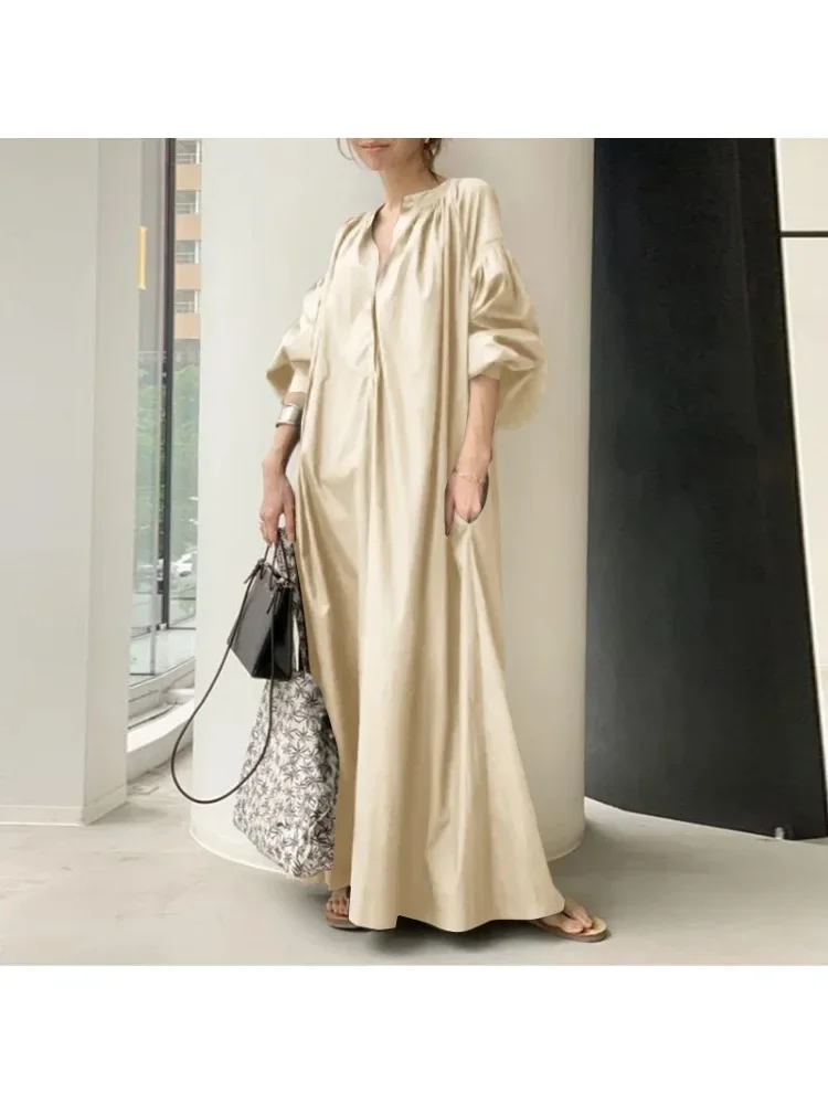 Cotton Dress Summer Elegant Solid Shirt Dress Women's Sundress Casual Lantern Half Sleeve Maxi Vestidos Female V Neck Robe - Image 5