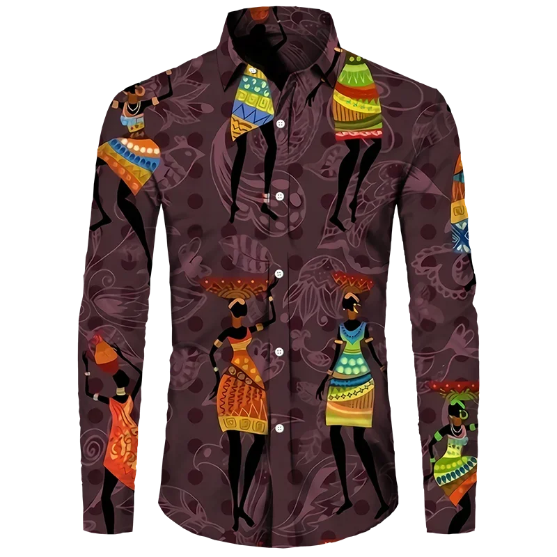 thumbnail image 1 of Camisa con botones para hombre nueva, camisas de manga larga con estampado africano Dashiki, ropa tradicional para parejas, ropa de calle de estilo étnico de hip hop, 1 of 5