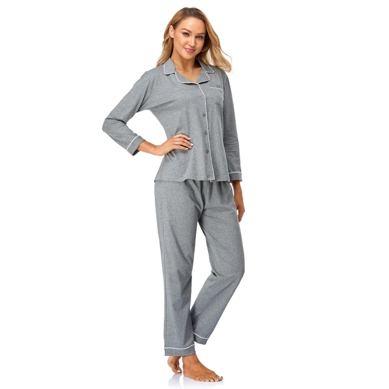 Spring Autumn Women's Thin Cotton Pajamas Flip Collar Long Sleeve Cardigan Pants Two Piece Set Casual Comfortable Homewear