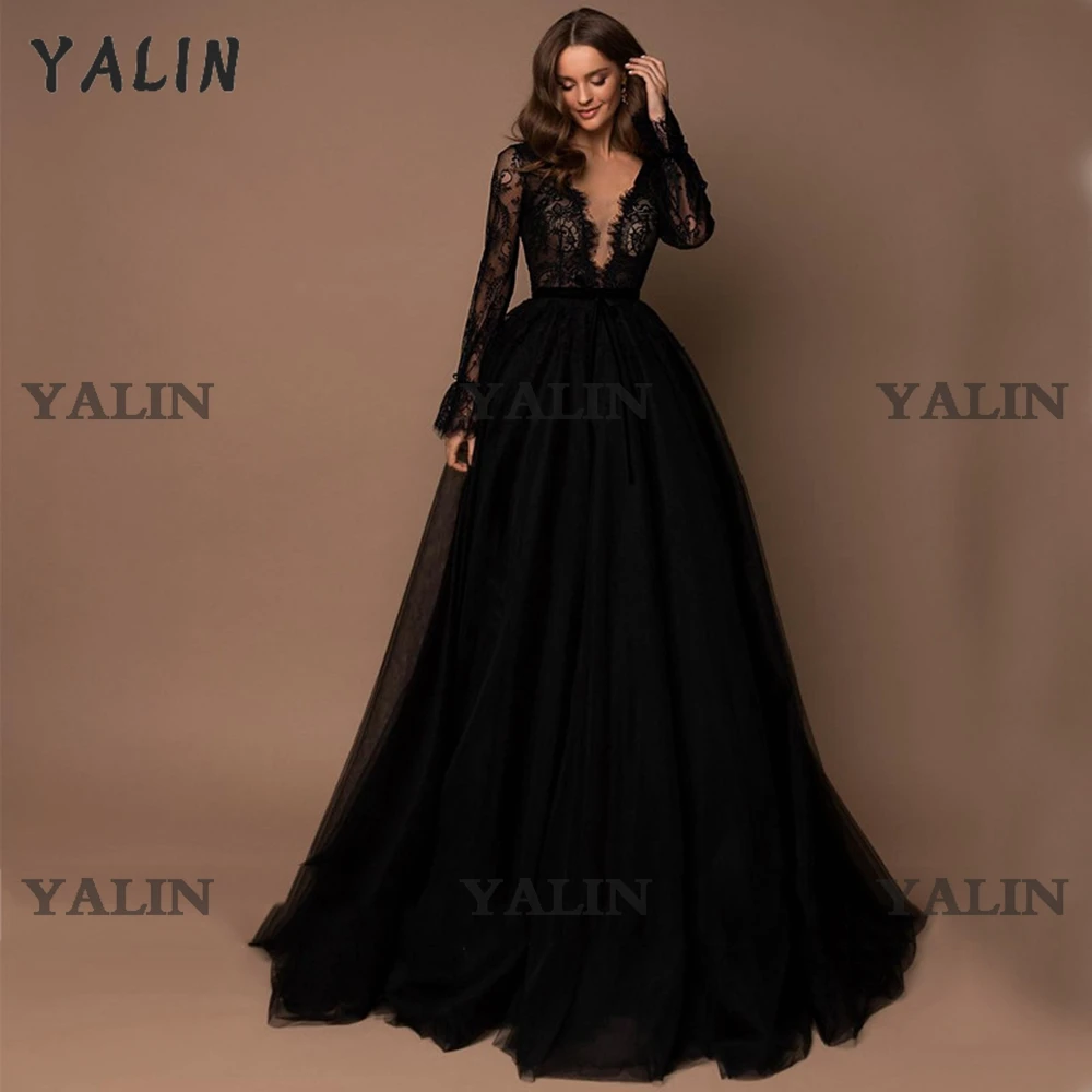 

Вечерние платья YALIN с глубоким V-образным вырезом и длинным рукавом, кружевные вечерние платья-трапеции со шлейфом и аппликацией, черные пла...