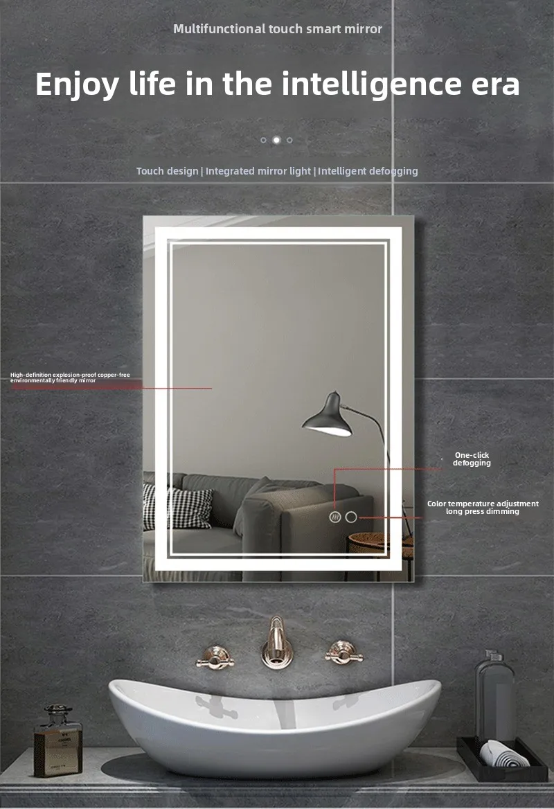 Modern LED illuminated vanity mirror with anti-fog technology.