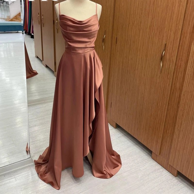 

Luxury Fashion Spaghetti Straps Sleeveless Evening Dress Simple Elegant Solid Slim Fit Sexy High Split Gown Pleated Prom Vestido
