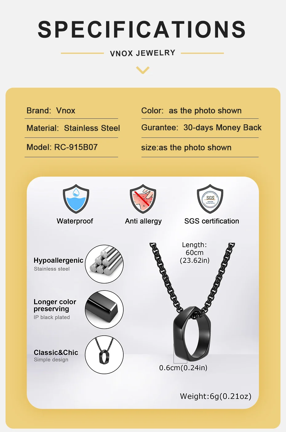 Vnox Größe 7-12 Fünfeckiger Ring-Anhänger Halskette, Schwarz Gold Silberfarben Edelstahl Kastenkette, Geburtstagsgeschenke für Männer – Detail 6