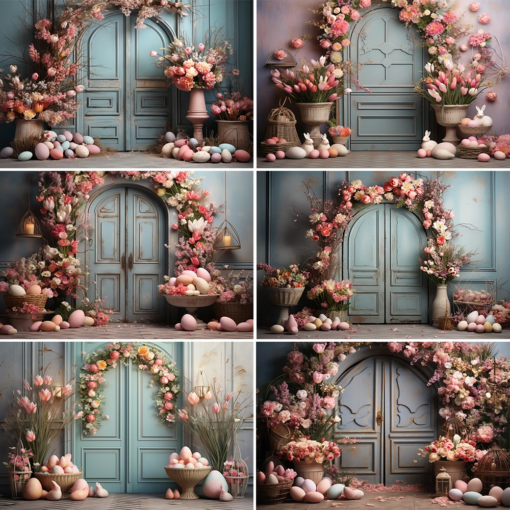 

Easter Photography Backgrounds Pastel Door Bunny Eggs Flowers Decoration Kids Portrait Photo Backdrops Studio Props Banner