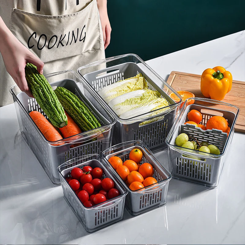 Fridge Food Storage Containers with Strainers and Vents Fresh Produce Saver  Plastic Kitchen Vegetables and Fruit Organizer Box