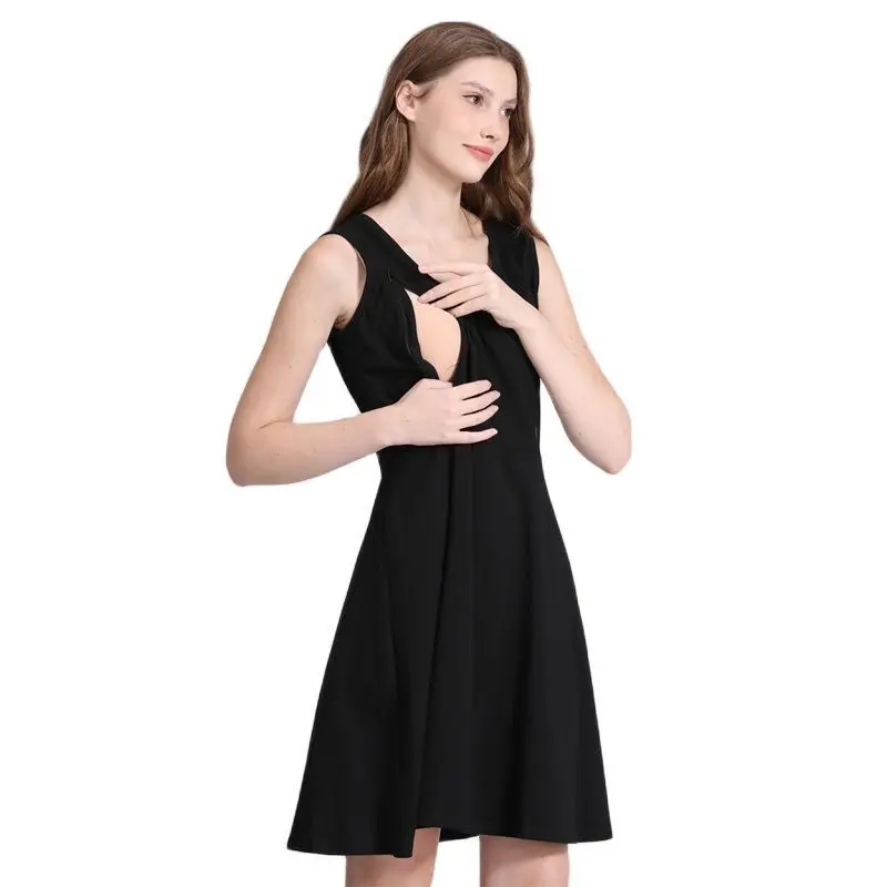 Women\'s Pregnancy Sleeveless Nursing Pleat Dress Maternity Dress Zipper Breastfeeding Clothes Knee Length Pregnancy Dresses