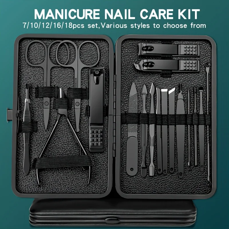 710/16/18pcs Black Manicure And Pedicure Set Stainless Steel Scissors Nail Clipper Grooming Tool Kit