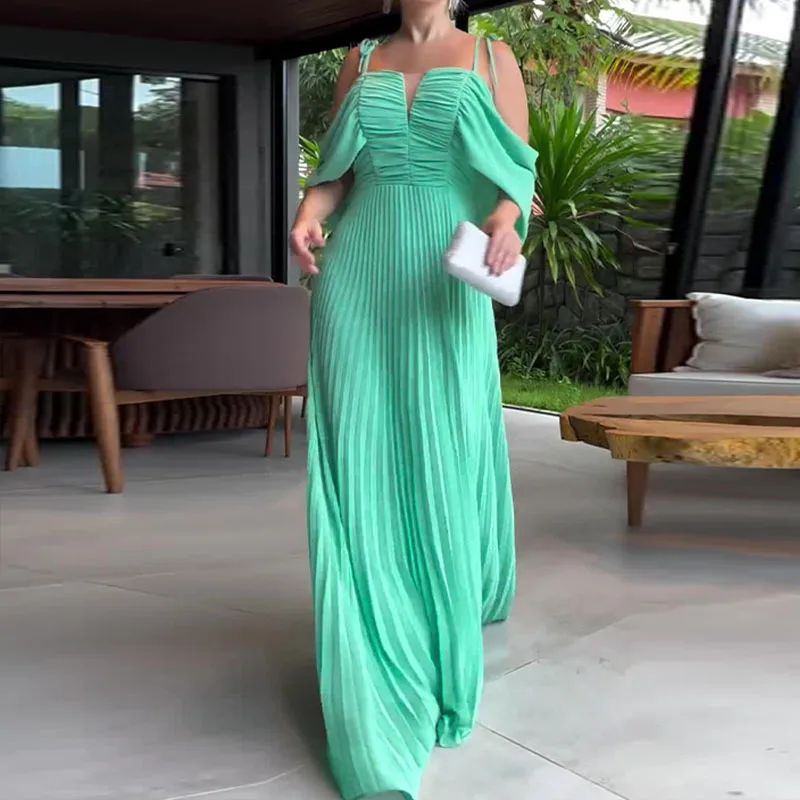 

Женское длинное платье на бретельках, элегантное однотонное платье с открытыми плечами и высокой талией, яркое вечернее плиссированное платье для лета