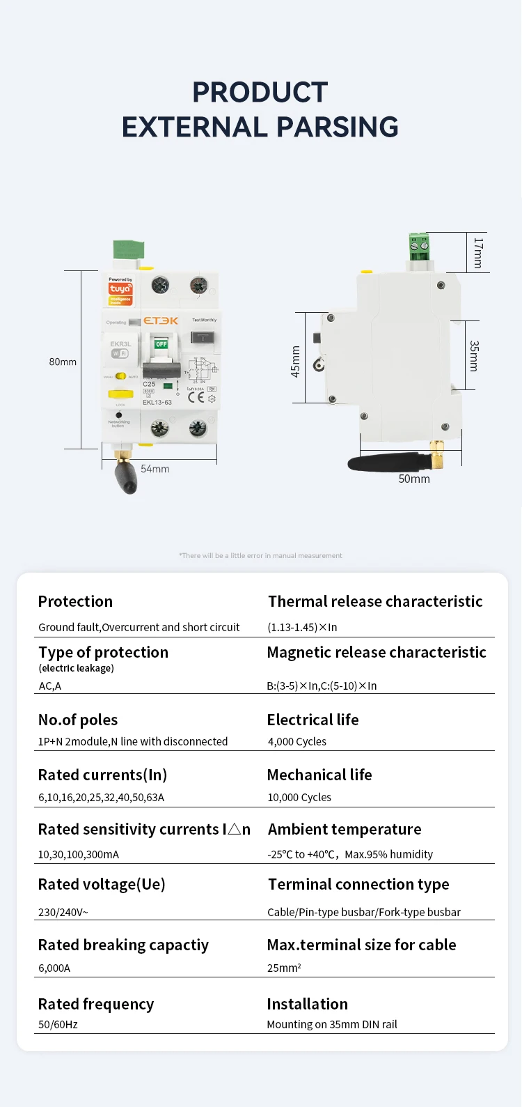 ETEC Tuya WlFl Smart circuit Breaker RCBO Smart Life Remote control short Circui