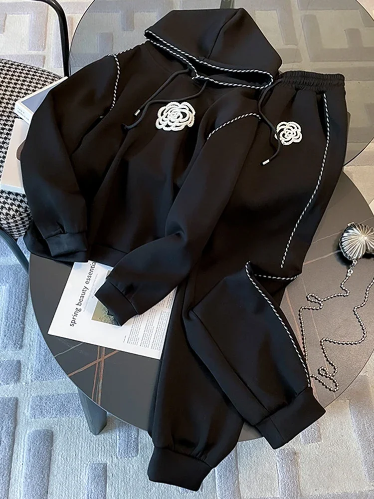 

Fashion 2 Piece Sets Women Outfit Thick Autumn Winter Hoodies & Pants Suit Dimensional Flower Long Sleeve Sweatsuit Warm
