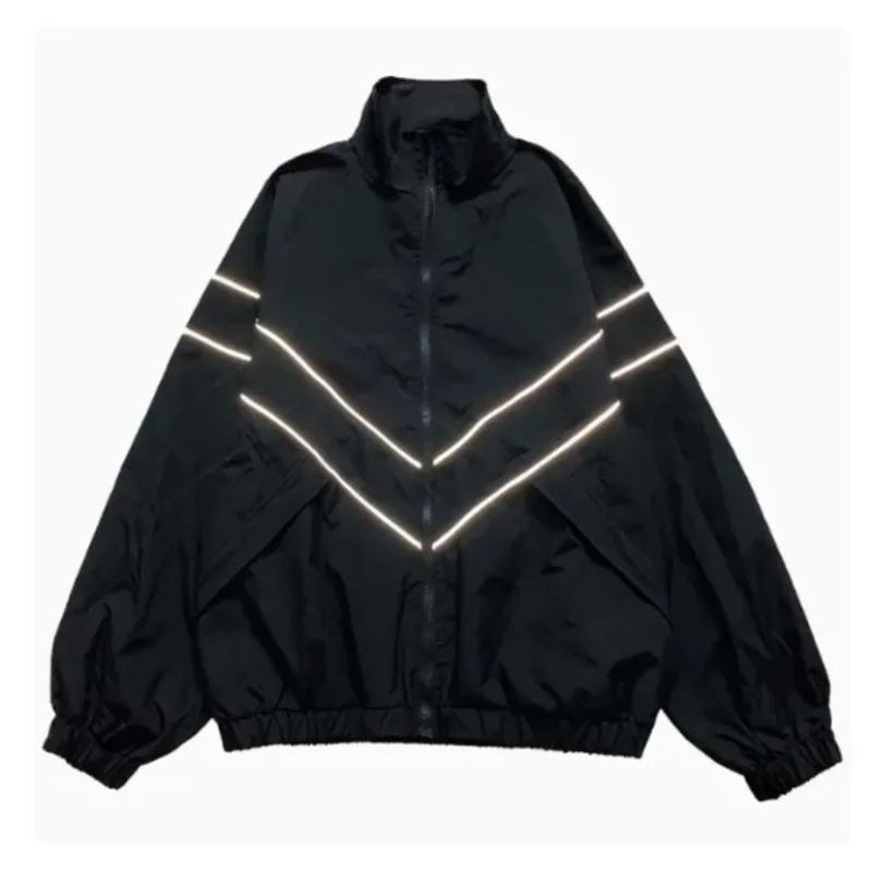 

Reflective Striped Men Jacket Coat Casual Street Loose Sports Outerwear Black Blue Unisex Windbreaker Rib-sleeve Coats