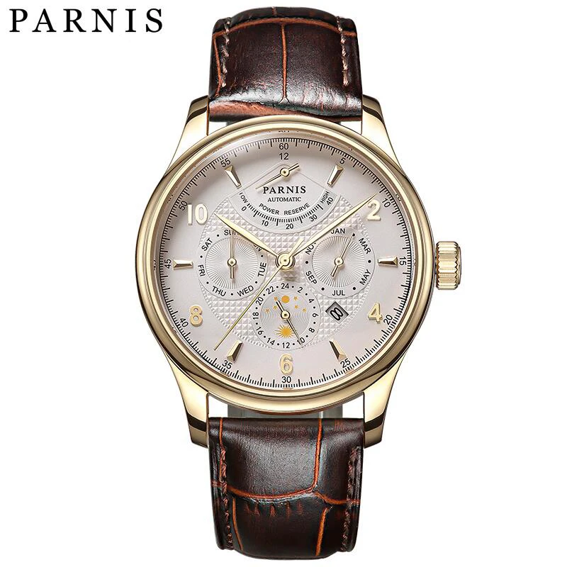 

New Fashion Parnis 43mm Gold Case Automatic Menchanical Men Watch Leather Strap Sapphire Luxury Men's Watches reloj hombre Clock