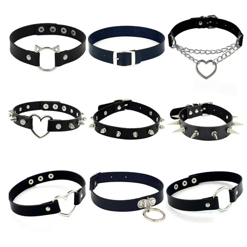 Harajuku Punk Rock Gothic Choker Necklace Women Sexy PU Leather Heart Lock Key Spike Collar Gothic Cosplay Accessories