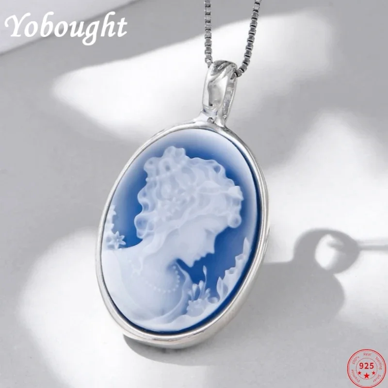 

S925 sterling silver pendant for women men new fashion blue agate beauty head vintage double embossed Oval jewelry free shipping