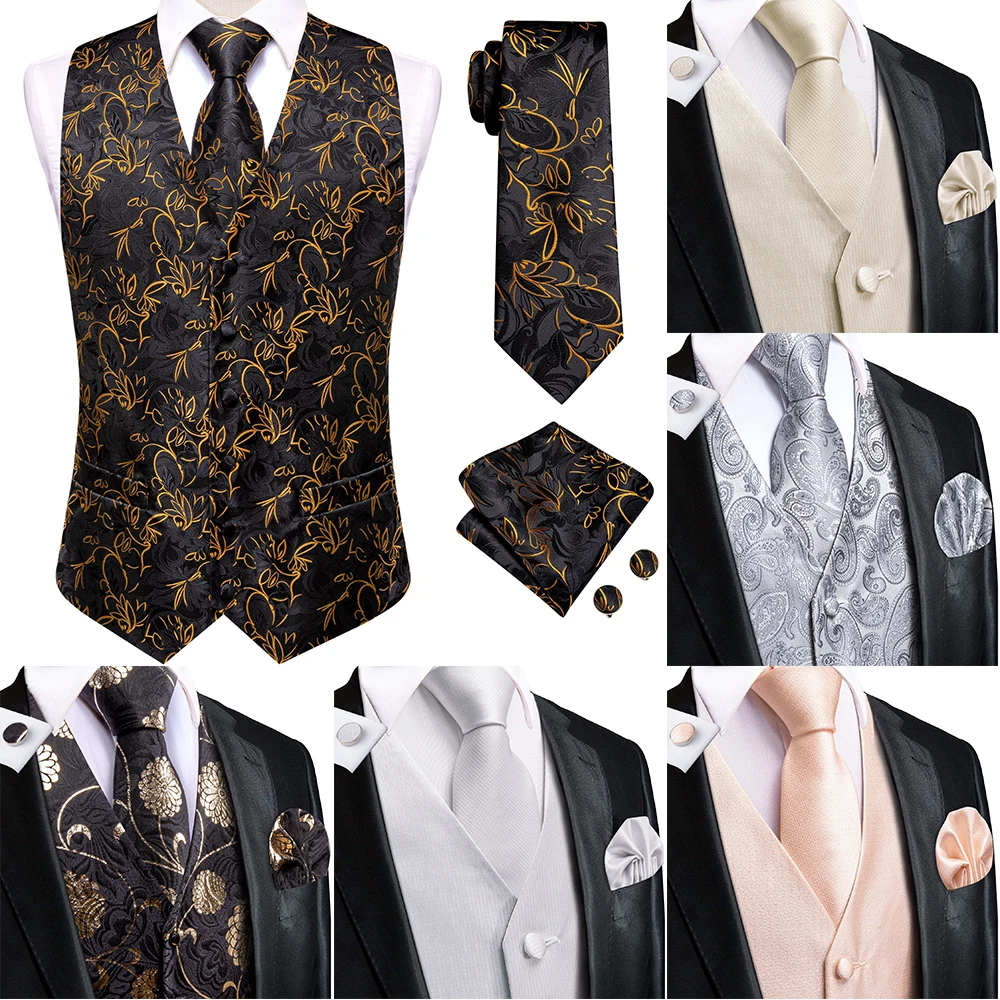 

Hi-Tie Luxury Mens Vests Tie Formal Black Gold Dress Silk Sleeveless Jacket 4PC Hanky Cufflink Paisley Suit Waistcoat Designer