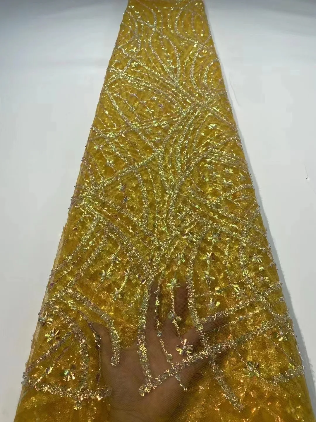 

2023 French Gold Lace Sequins Fabric African Luxury Handmade Beaded Tulle Lace Fabric Nigeria For Bridal Wedding Clothes Dresses