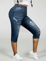 【Denim-like】Plus Size Women's High stretch Skinny 7/8 Pants with Fake Buttons and Print Casual Knit Mid rise Sports Pants - Image 2
