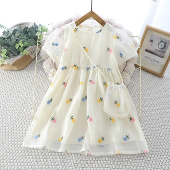 Kids Dresses for Girls Summer Casual Short Sleeves Flower Embroidery Dress Children's Clothes Girl Clothes+Bag 1