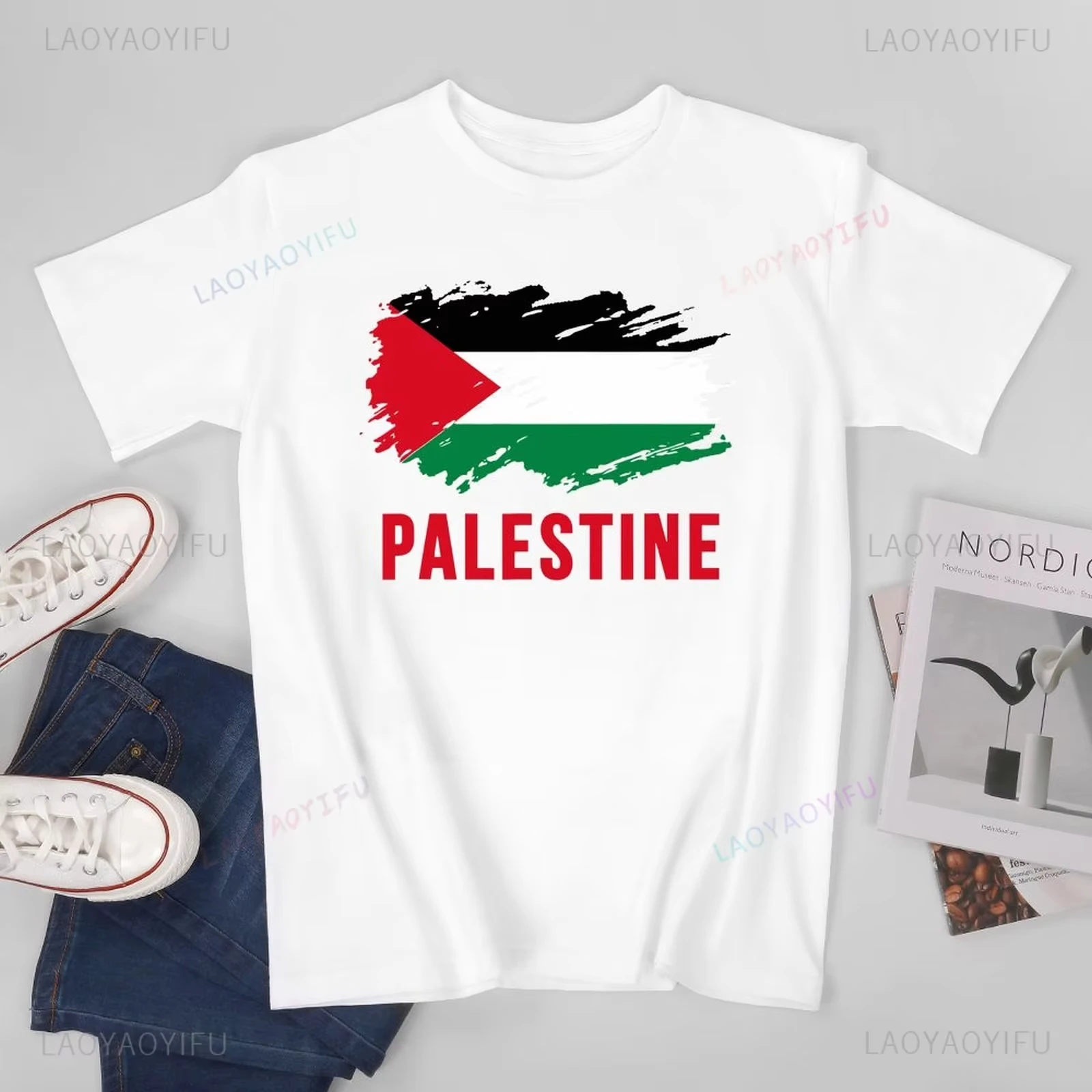 Klassisches Unisex-T-Shirt mit Vintage-Palästina-Flaggendruck, Lässige Loose-Fit-Shirts für Damen und Herren, Sommer-Outdoor-T-Shirt