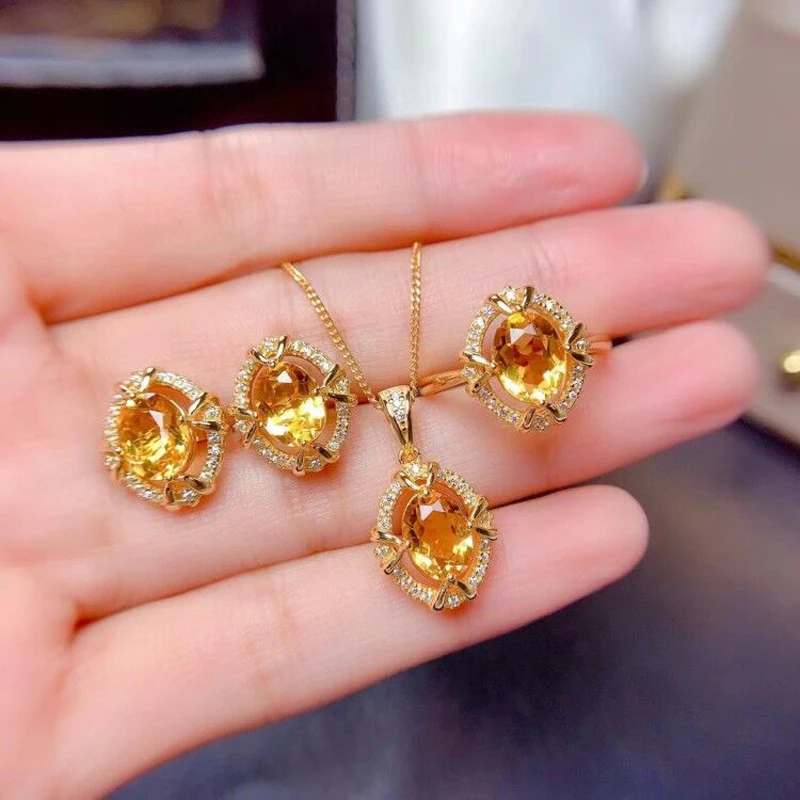 豪華な天然シトリンジュエリーセット925シルバーネックレス