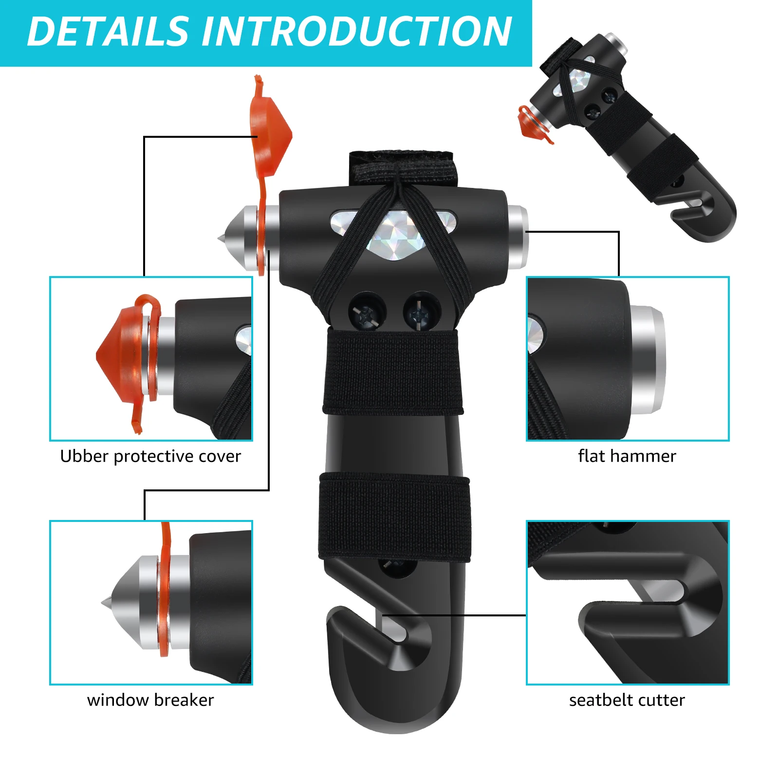 Black Carbon Steel Car Safety Hammer Emergency Escape Tool
