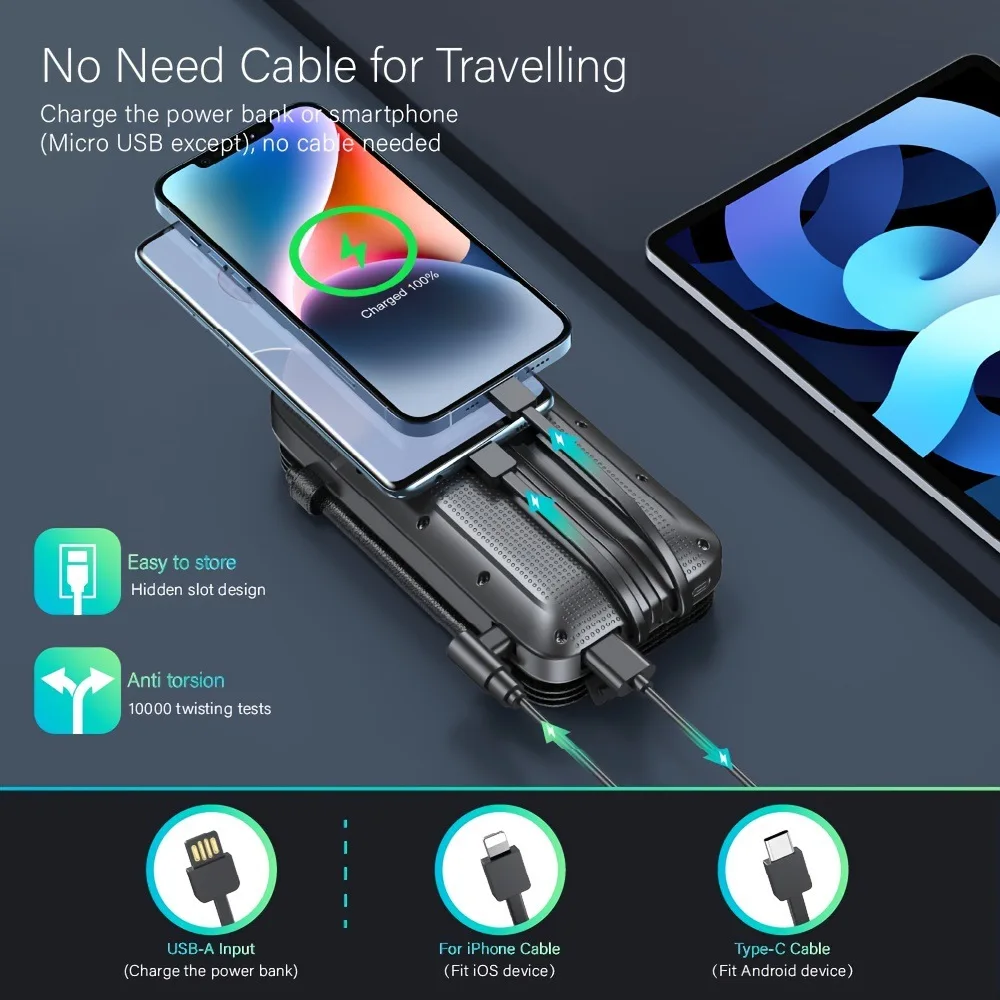 Solar Power Bank 43800mAh Built in 4 Cables 20W Fast Charging Battery Pack PD22.5W Fast Charging 10W