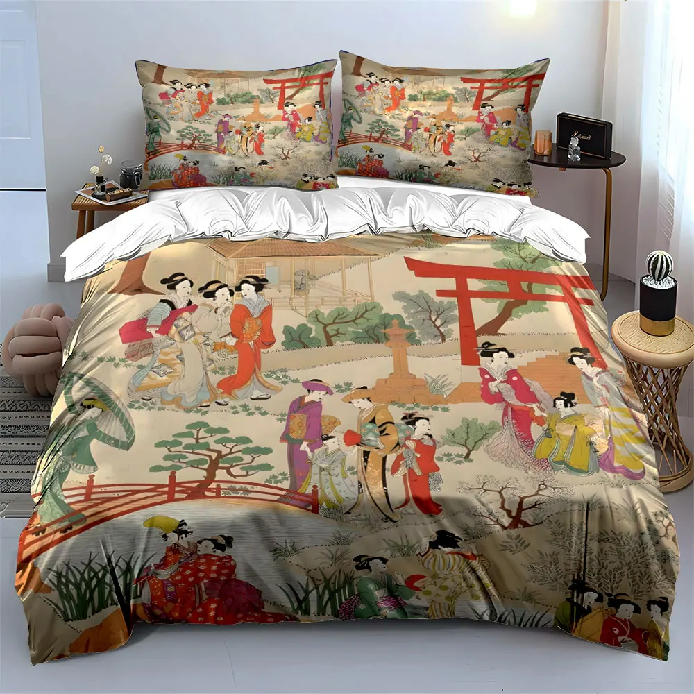 Elegant Japanese Garden Bedding Set 3pcs, Vintage Ukiyo-e Art Print Duvet Cover, Soft Cozy Bed Linens with Torii Gate Design 2