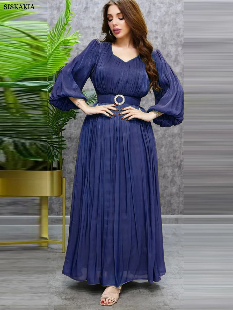 

Bright Silk Satin Maxi Dress Modest Fashionable Muslim Dubai Robe Solid Lantern Sleeve Belted Gulf Arab Islamic Women Clothing