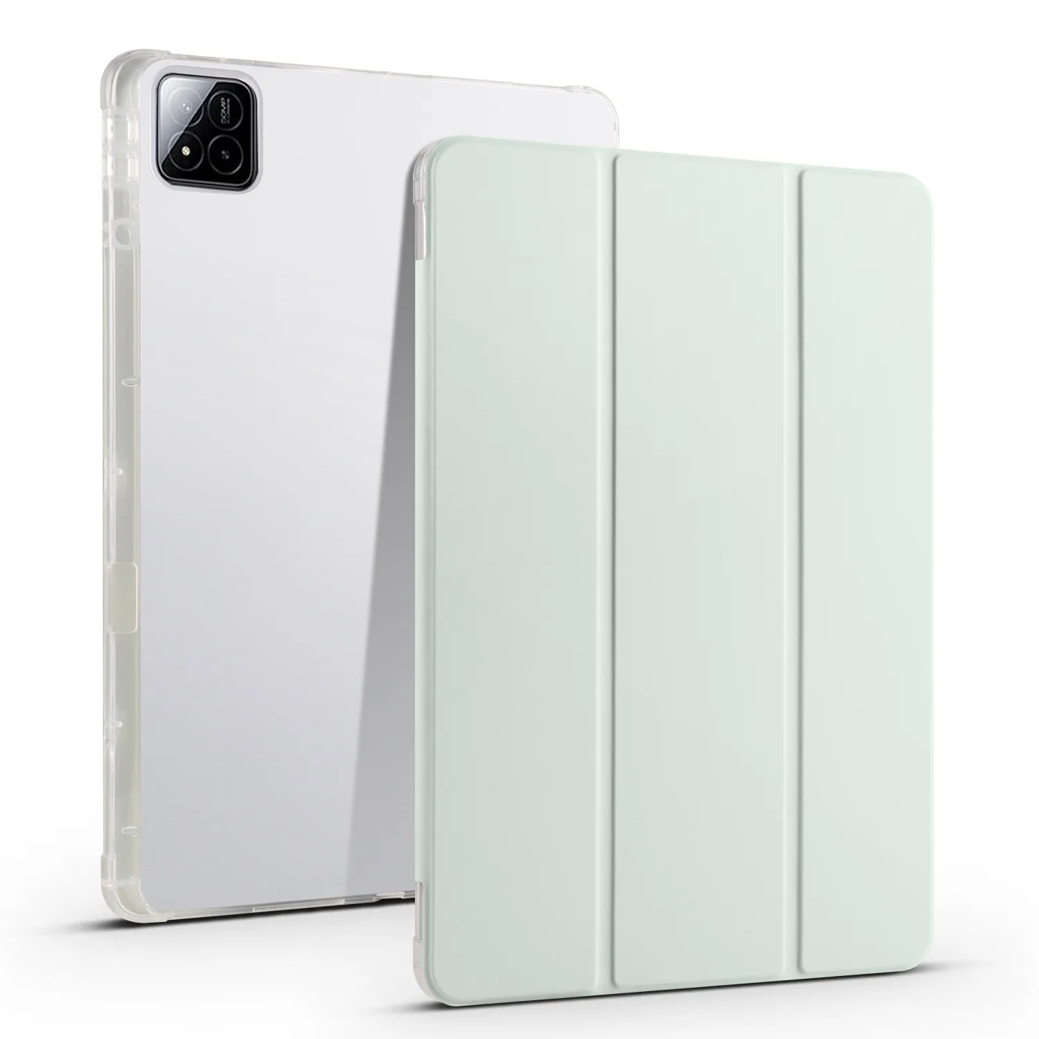 Premium Tri-Fold Leather Smart Case with Pencil Holder & Transparent Stand Cover