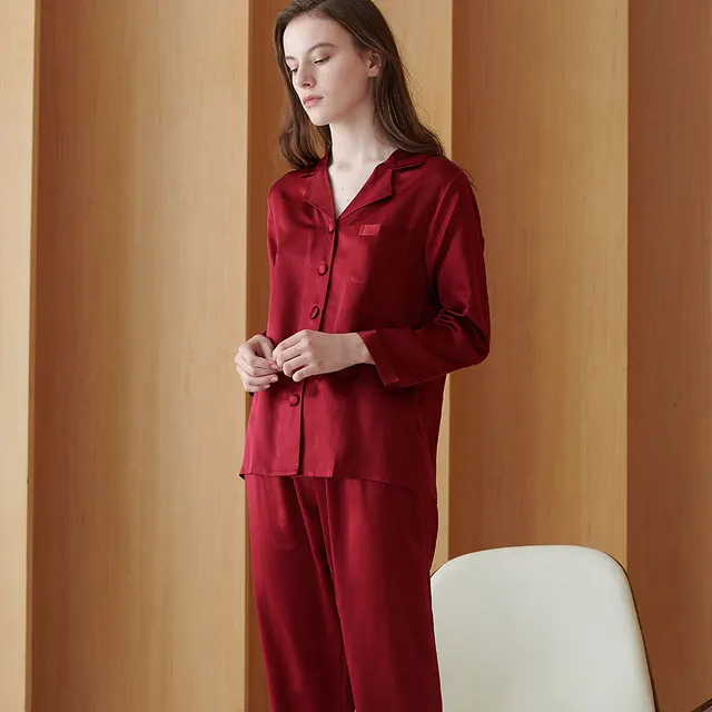 Silk Pajamas Set Women Pure 19 Momme Ladies Sleepwear Luxury Natural Full Length Women's Clothing Free Shipping Claret