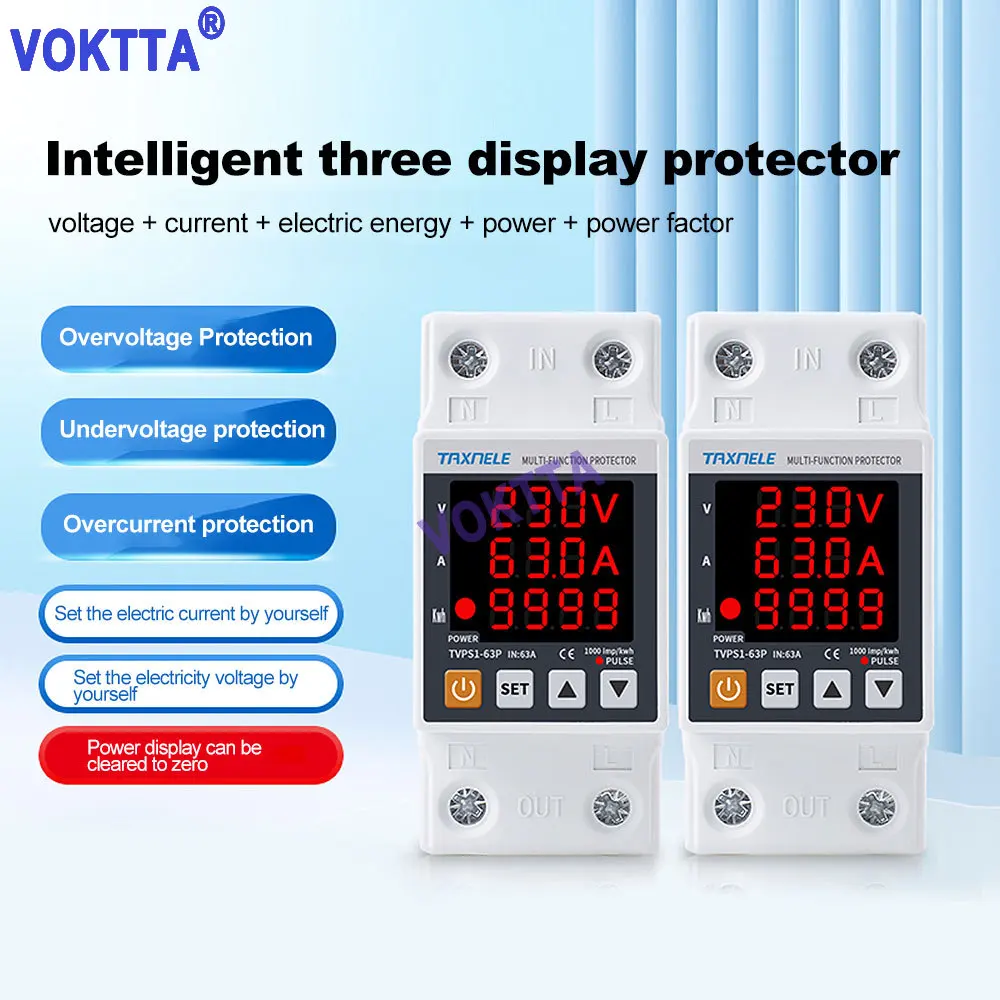 

AC Current Protector 230V 63A Intelligent Single Phase Adjustable OverVoltage Under-Voltage Current Protective Device