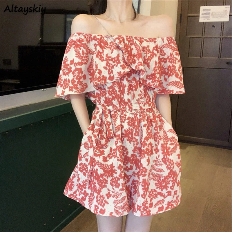 

Rompers Women Wide Leg Printed Summer Sweet Ladies Harajuku Chic Casual Slash Neck Beachwear Ruffles Lovely Young Vintage Ins