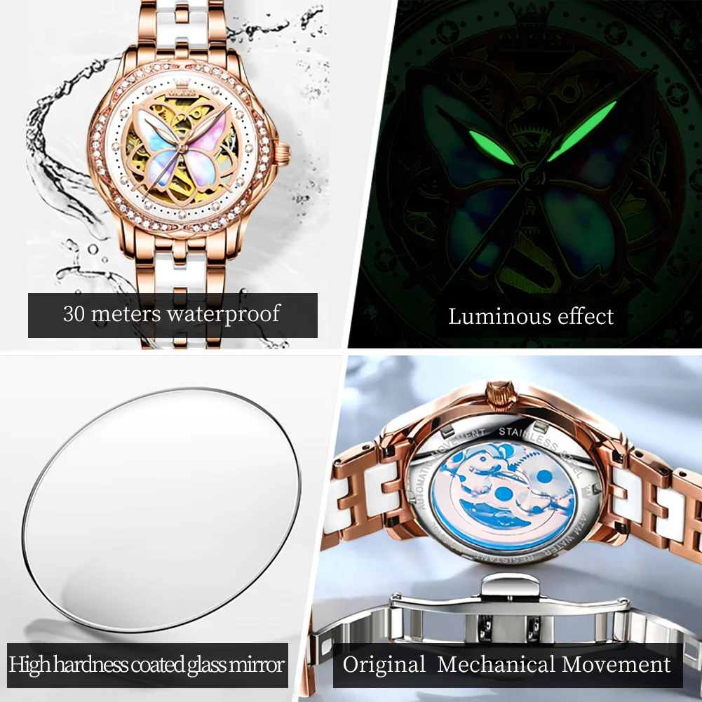 OLEVS Brand Luxury Women Mechanical Watch Ladies Fashion Waterproof Luminous Hands Ceramics Automatic Wristwatches Reloj Mujer