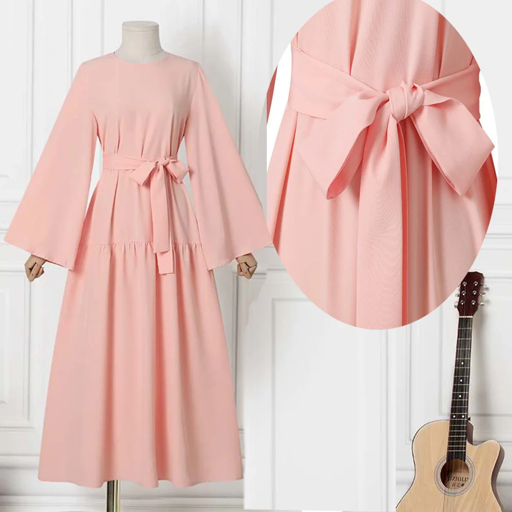 

Spring Solid Color Dress Elegant Casual Vacation Robe Fashion Round Neck Large Hem Long Sleeve Muslim Temperament Commuter Style