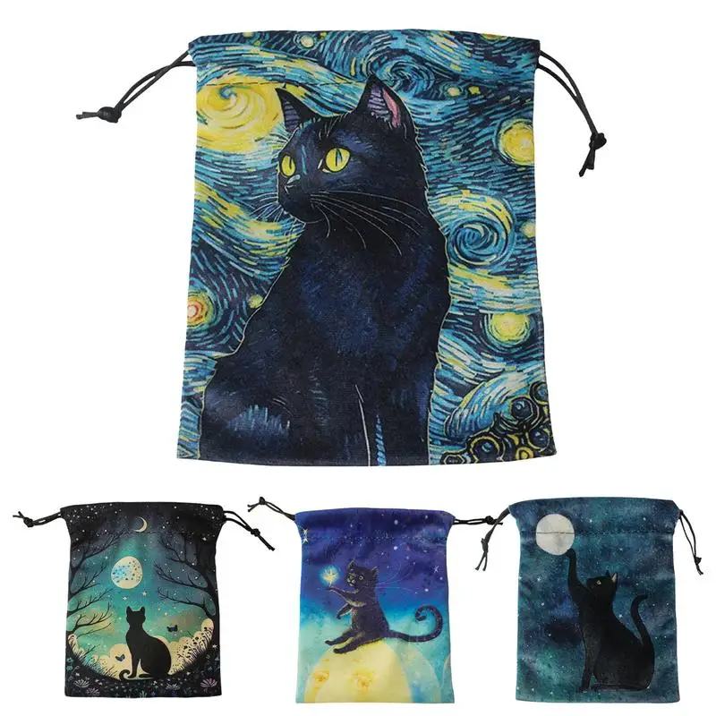 

Black cat double sided velvet bag Mystery Pouches tarot cards tablecloth Organizer bag bundle pocket crystal stone storage bags