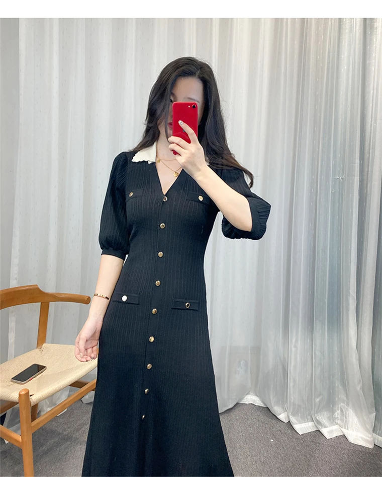Autumn Elegant Knitted Dresses for Women Patchwork V-neck Puff Sleeve Single Breasted Midi Dress Fashion Ladies Vestidos Femme
