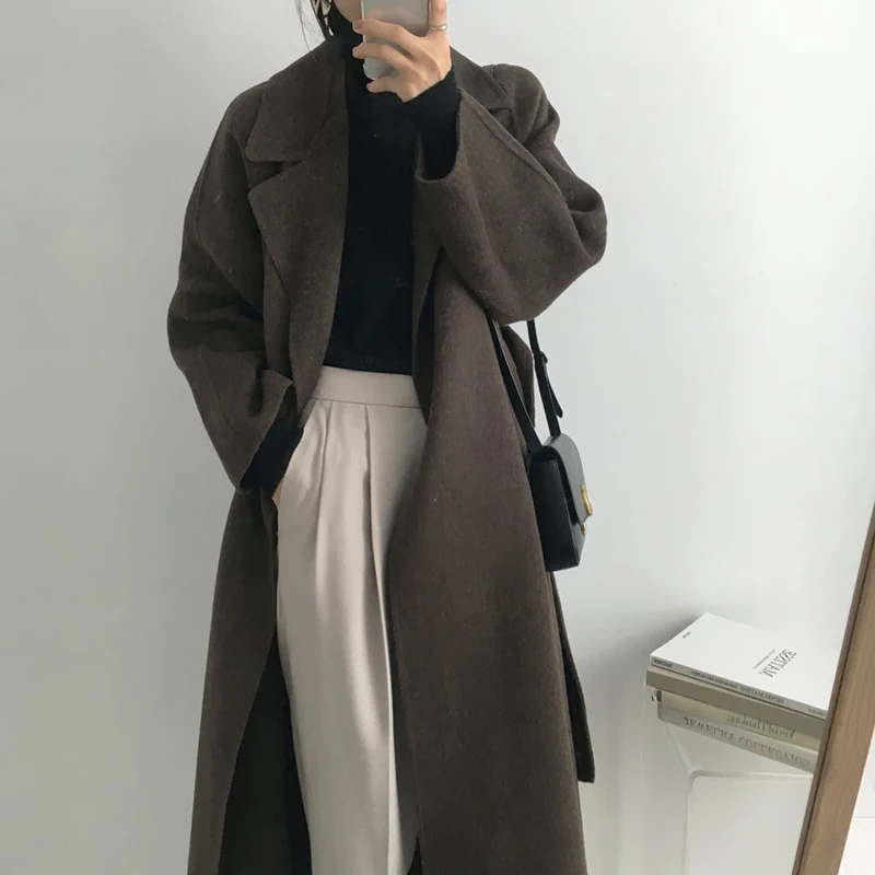 MEXZT 여성용 롱 울 코트, 우아한 솔리드 벨트 아우터, 빈티지 한국 오버사이즈 가디건, 모직 오버코트, 겨울 캐주얼 재킷