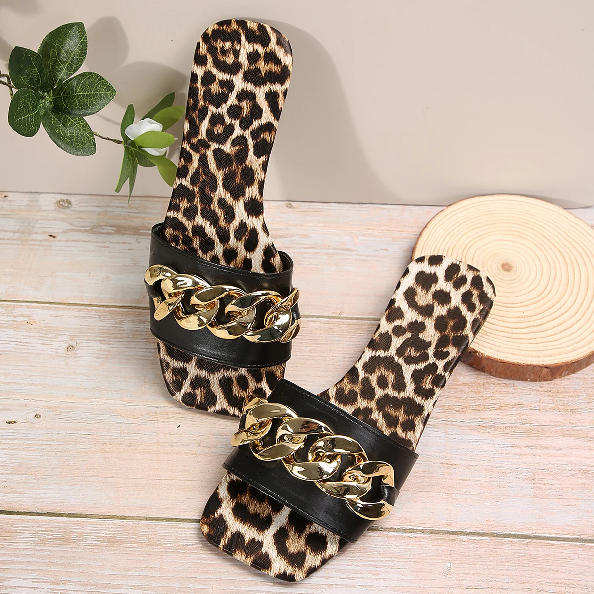 Leopard Snake Print Chain Summer Slippers Women 2024 New Trend Outdoor Flat Sandals Female Flip Flops Design Big Size 36-43