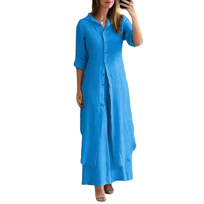 Cotton Linen Women Blouse Dress Suits Casual